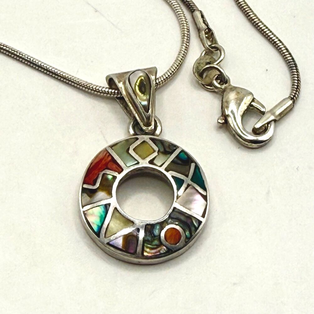 Vintage Peruvian Inca Calendar 950 Silver Mosaic Inlay Pendant 925 Chain Italy